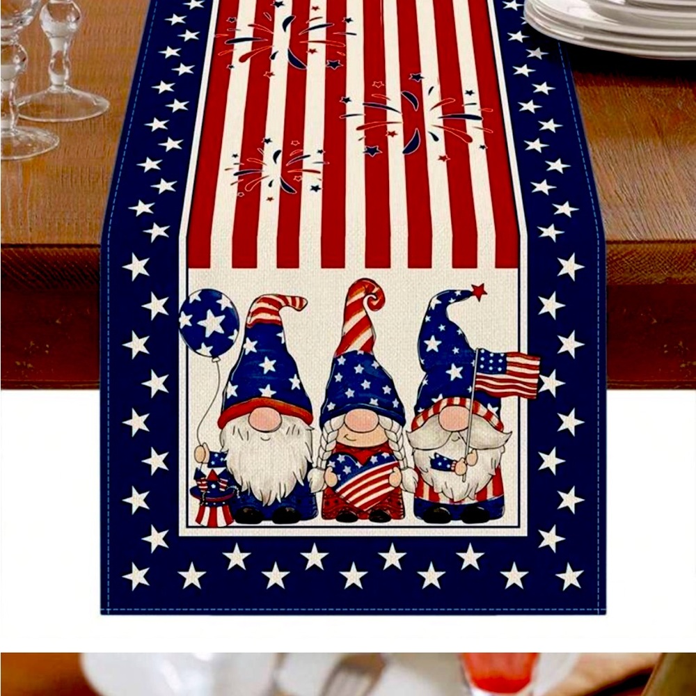 NWT Red, White, & Blue -Patriotic Gnomes 🇺🇸 Stars & Stripes Table Runner 72x13